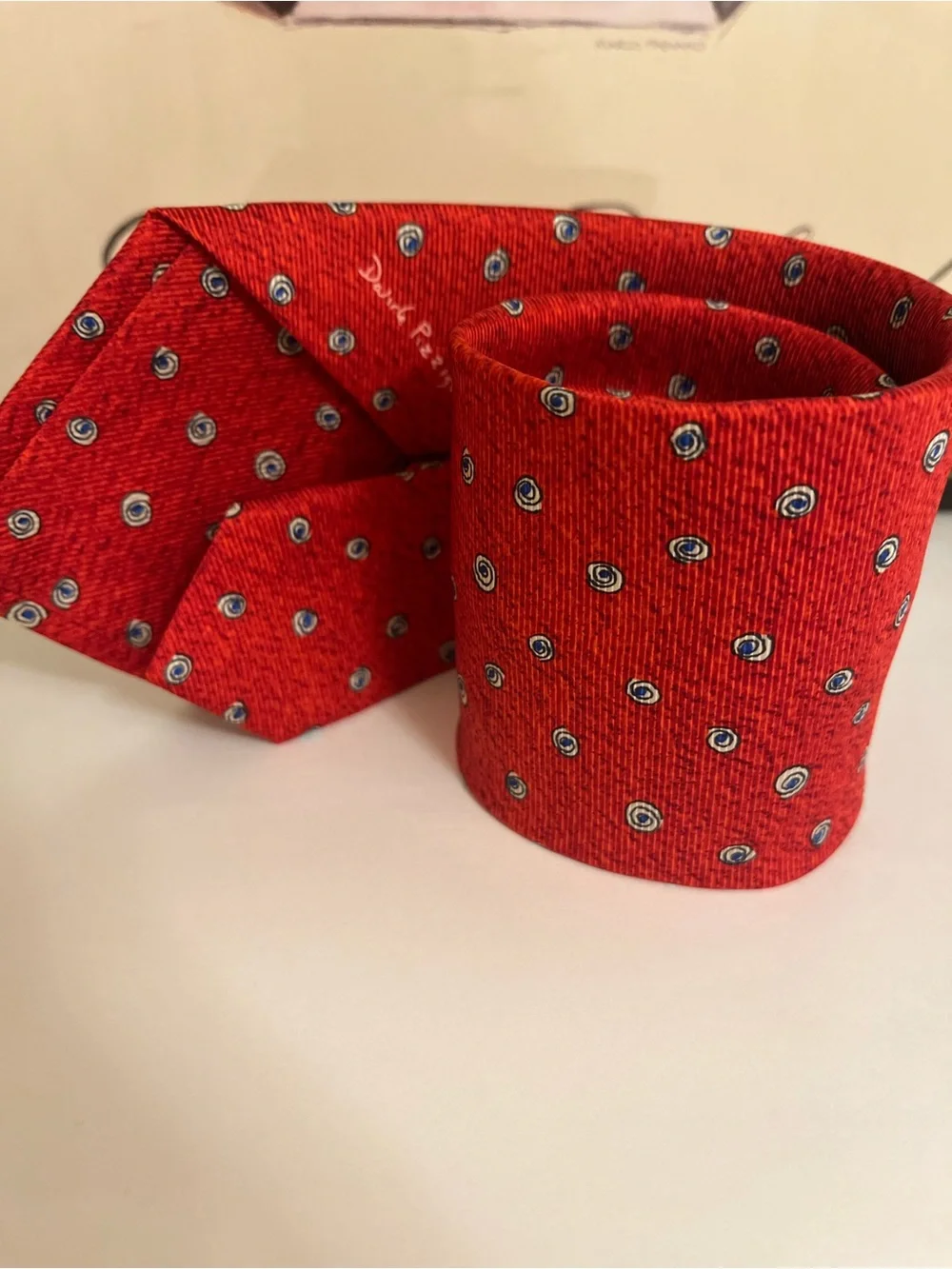 BVLGARI Red Silk Tie with Blue and Ivory Dot Motif - Made in Italy - 3.75” Width